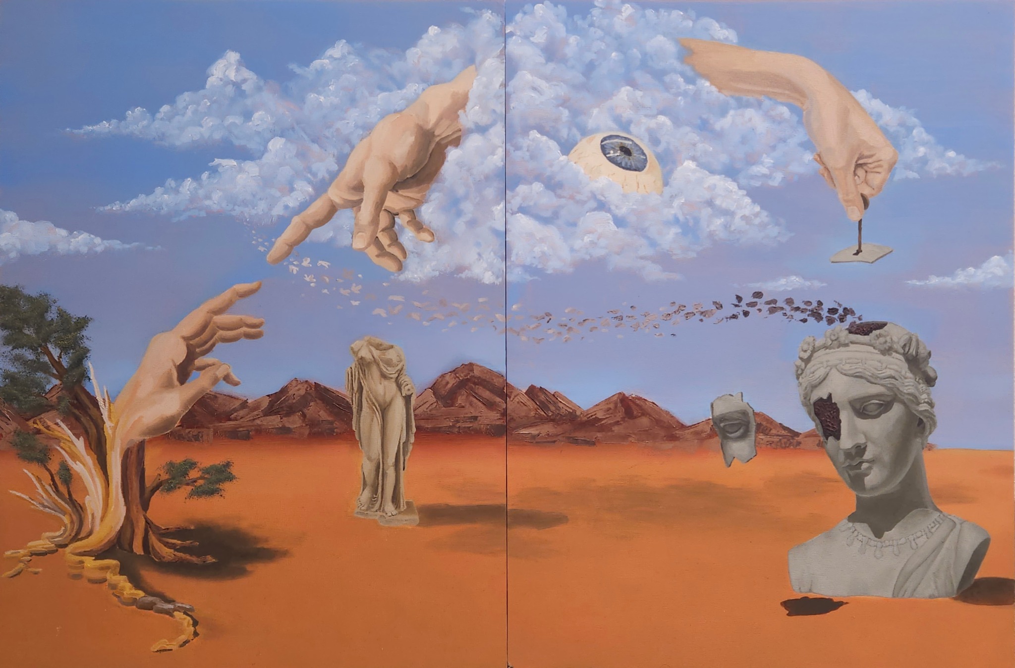 Surreal landscape with hands, a eye in the sky, a statue, and a desert scene with mountains.