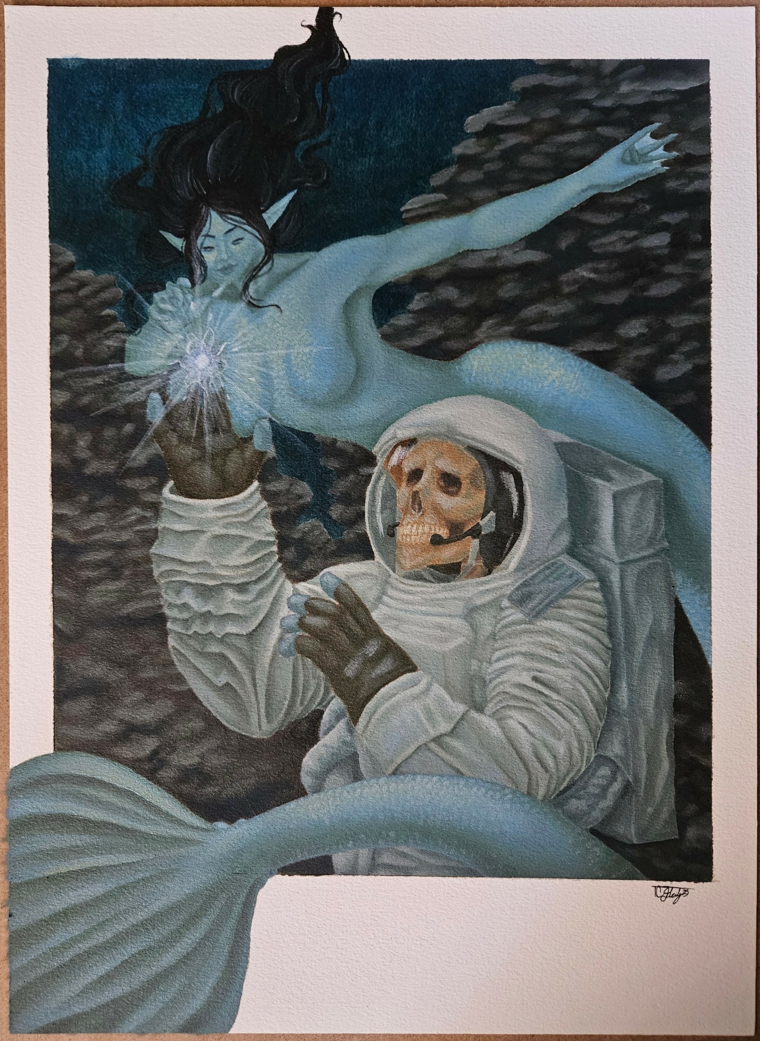A mermaid with dark hair and blue skin reaches toward an astronaut with a skull inside a helmet, underwater scene.