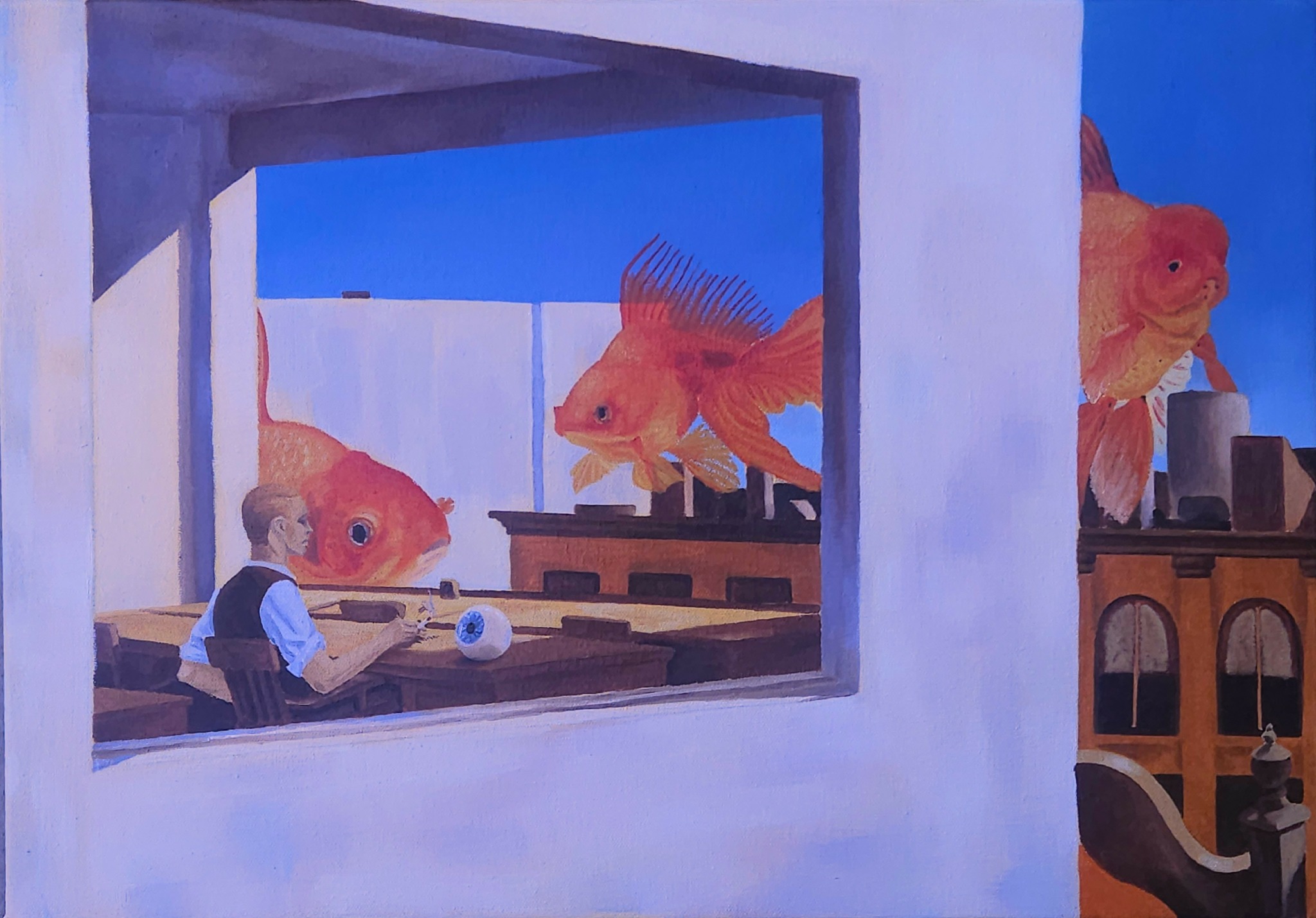 Child playing piano indoors, large goldfish swimming outside window, blue sky background.