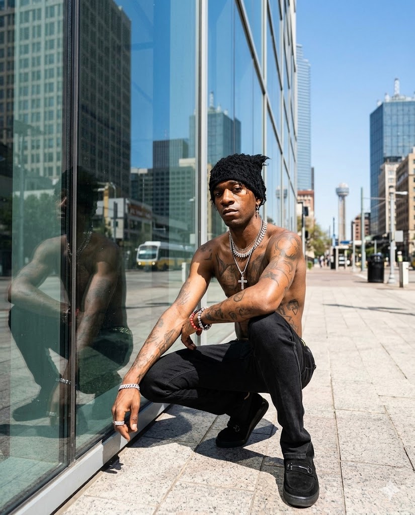 Young man with tattoos crouching next to a glass building in an urban area, wearing a black beanie and black pants.