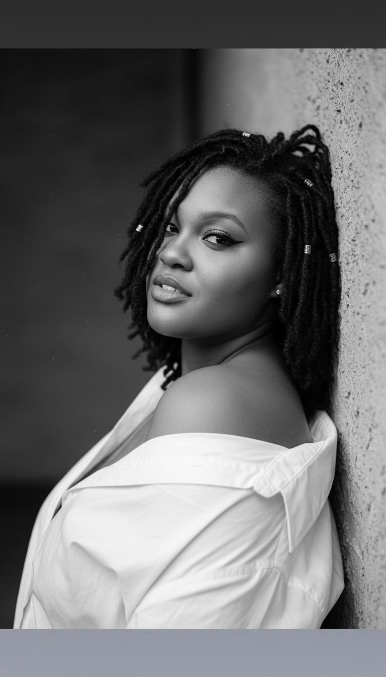 Woman with dreadlocks leaning against a wall, looking at the camera, wearing an off-shoulder top.