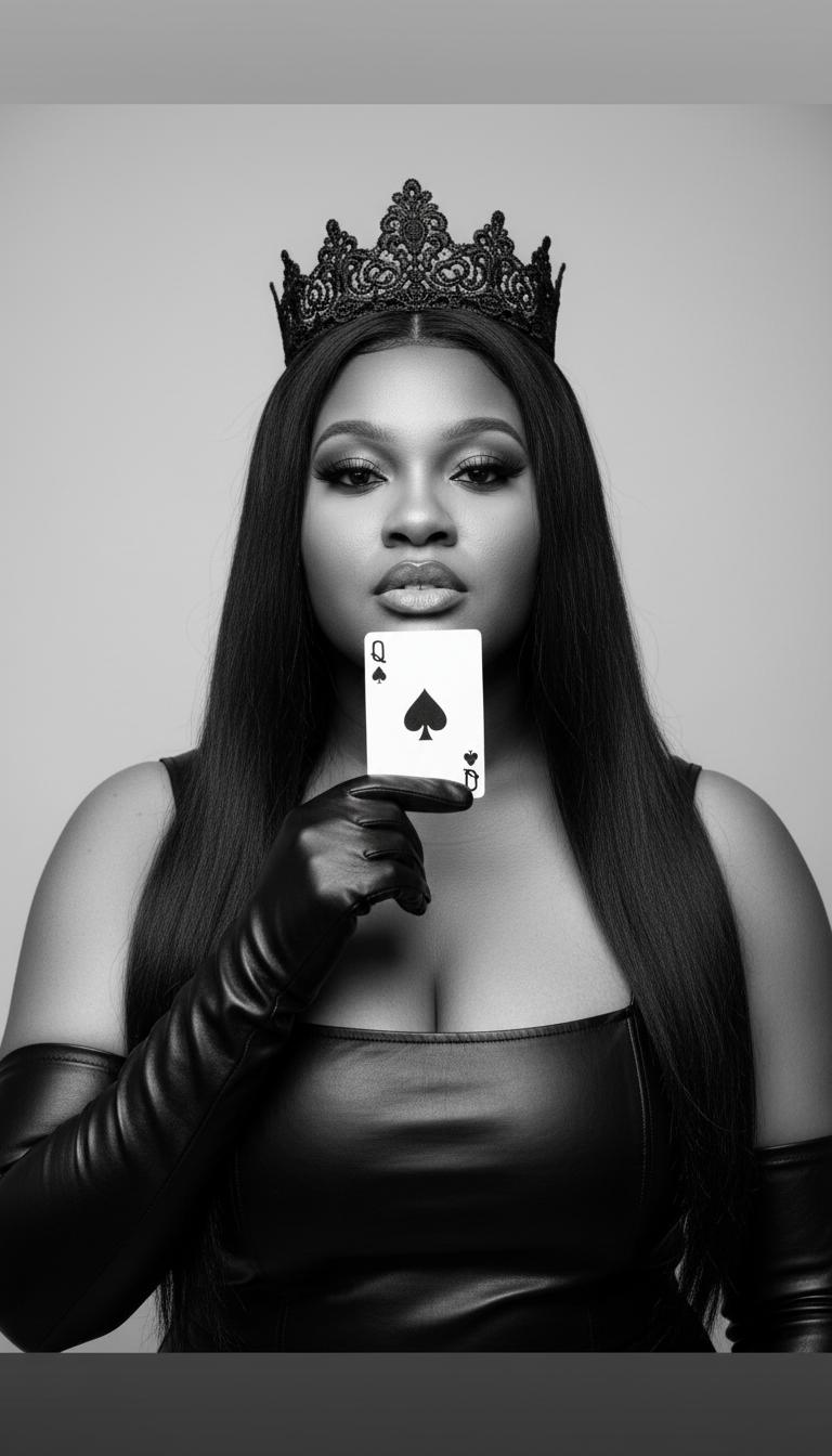 Woman wearing a crown and black dress, holding a phone with a spade symbol, in black and white.