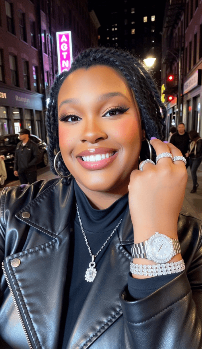 Smiling woman with jewelry and a leather jacket in a city street at night.