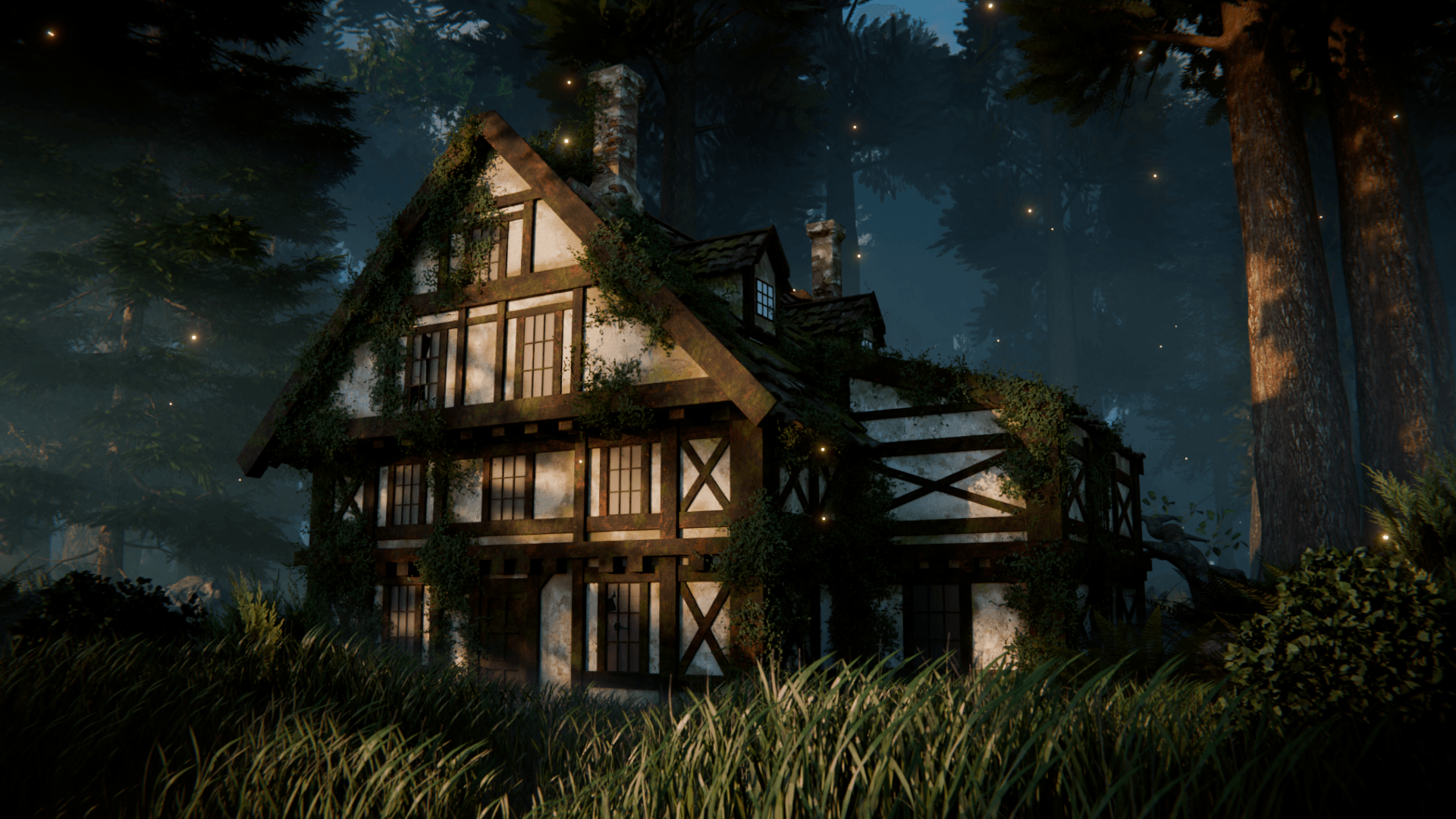 A large, multi-story wooden house with a steep roof, surrounded by trees and grass at night.