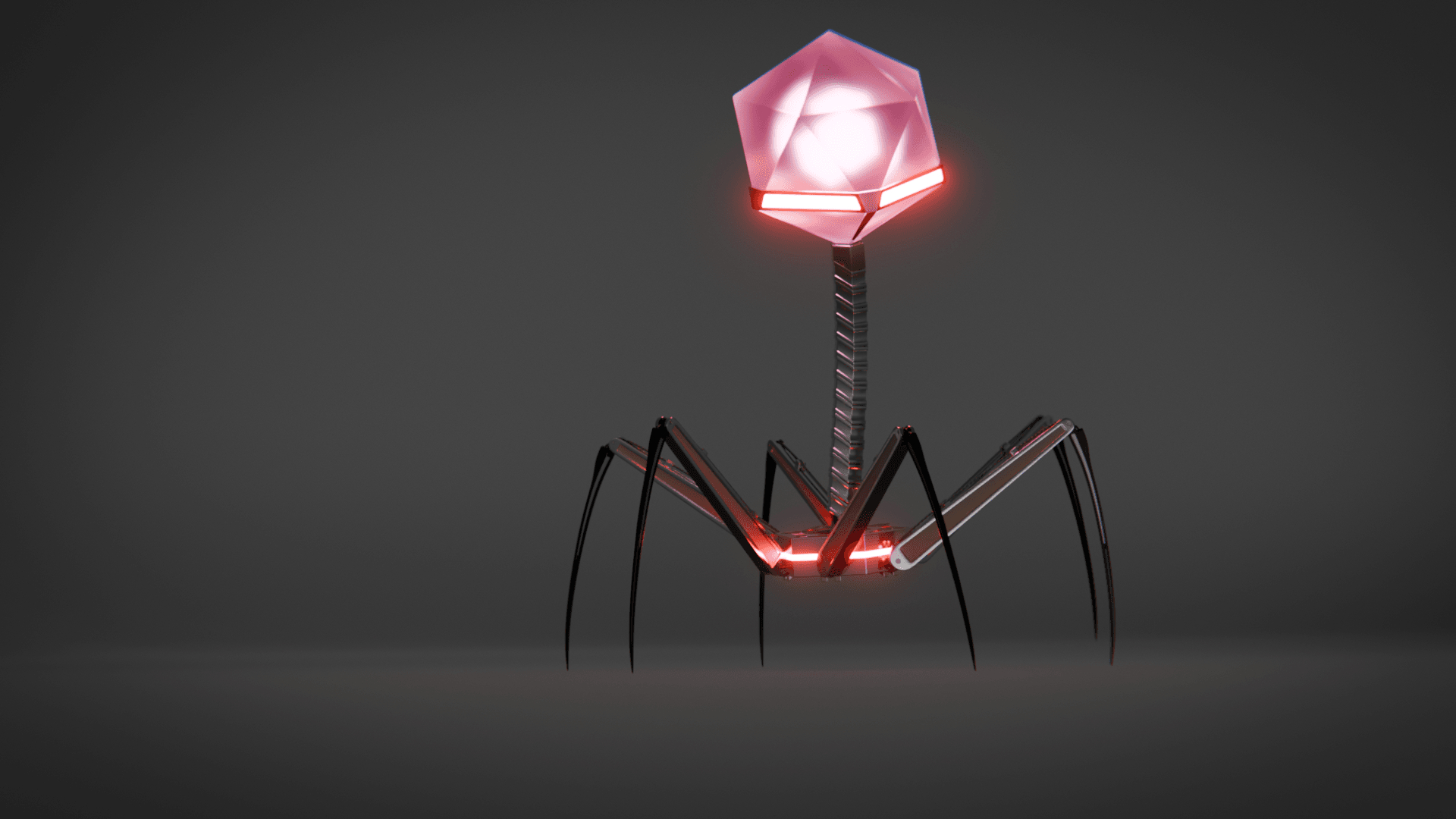 A robotic spider with a glowing pink geometric head and a flexible neck, standing on a dark surface.