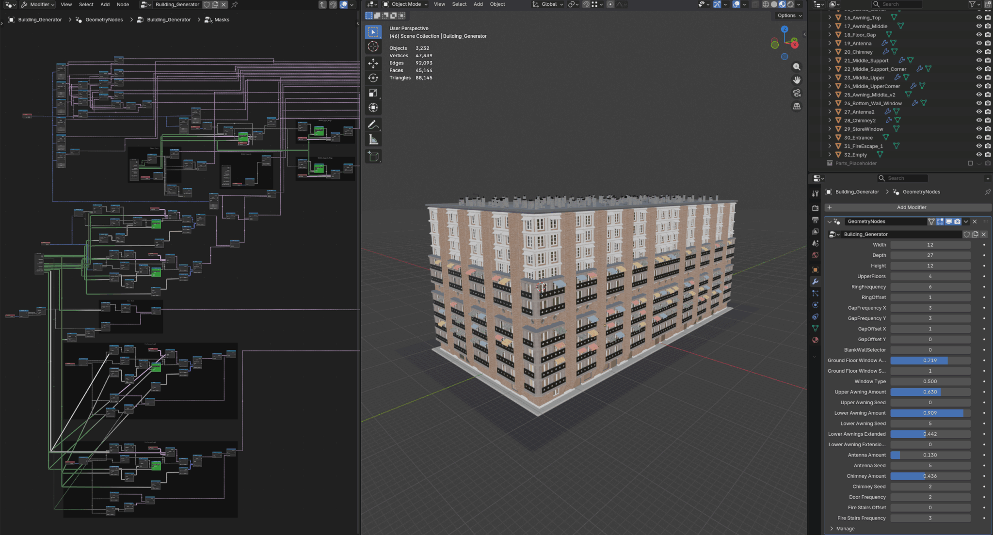 3D model of a multi-story building with a detailed facade, displayed in a 3D modeling software interface.