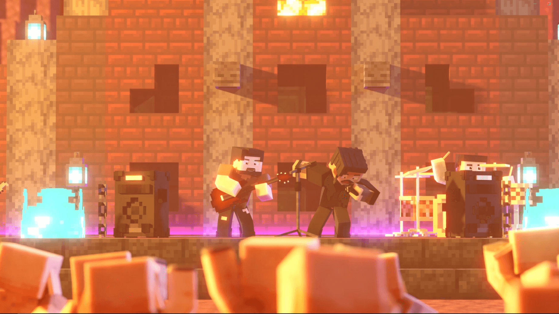 Pixelated scene with two characters playing guitars on stage, brick wall background, and bright stage lights.
