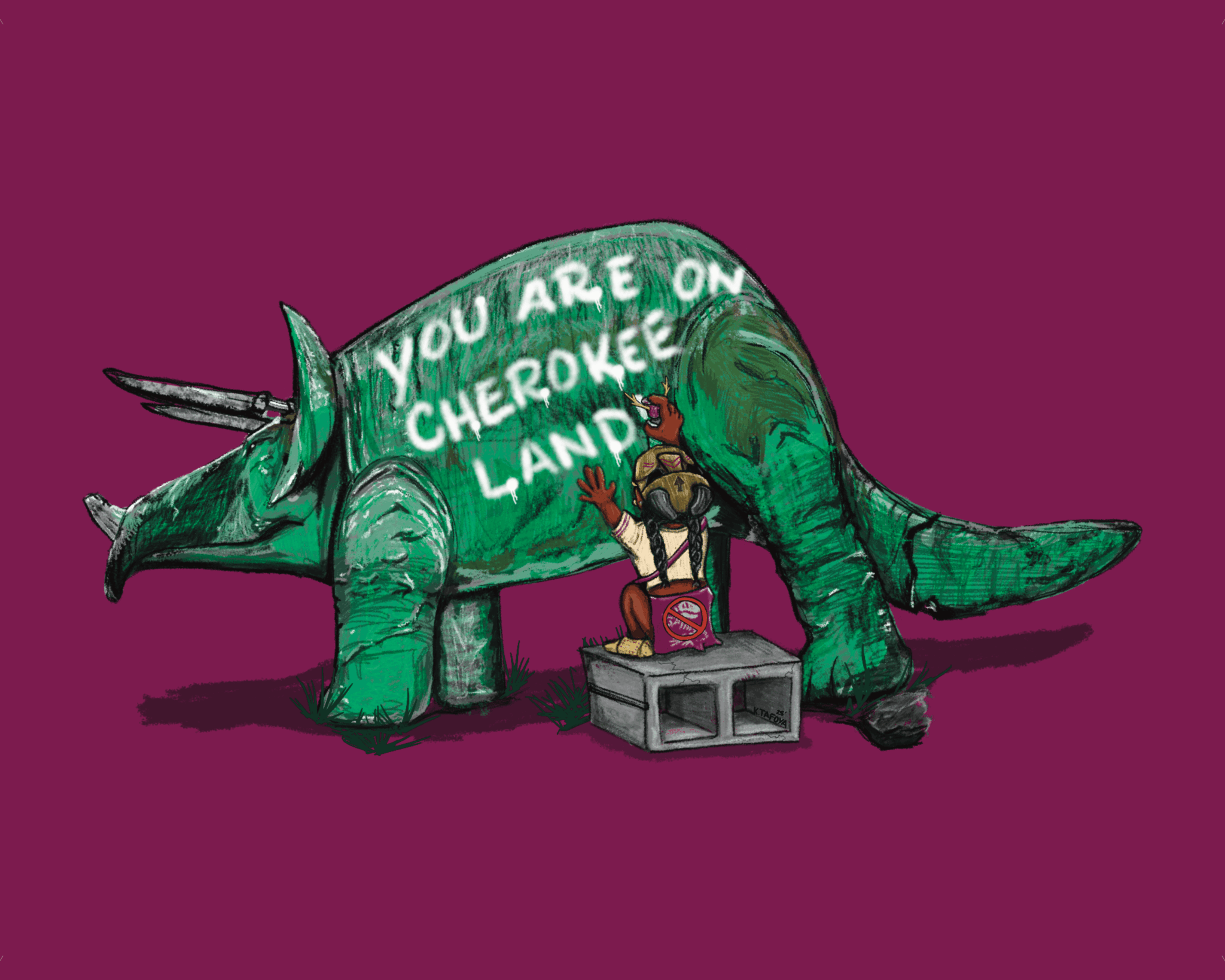Person painting a green dinosaur with white text on its back, on purple background.