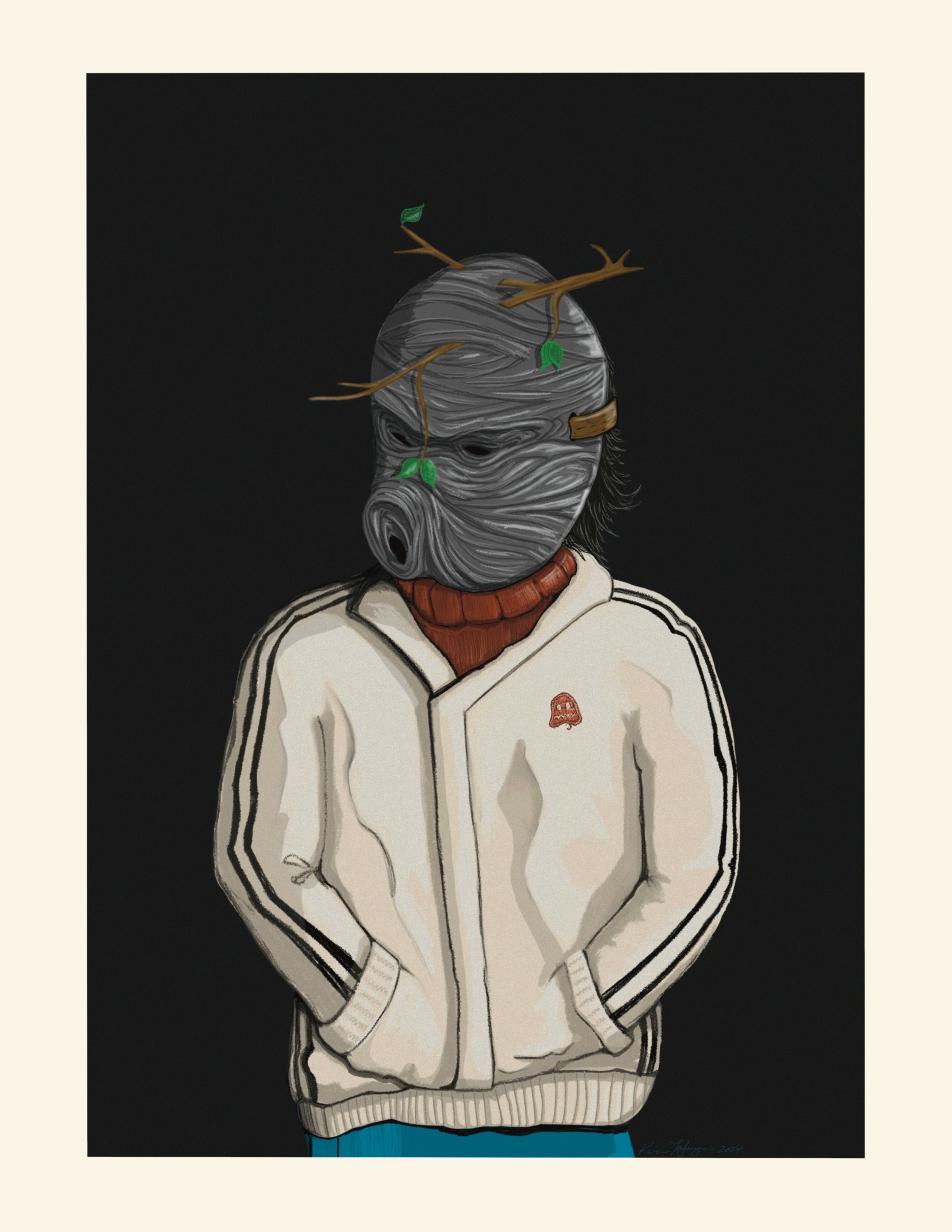 Person wearing a hoodie and a wooden mask with branches and leaves, standing against a dark background.