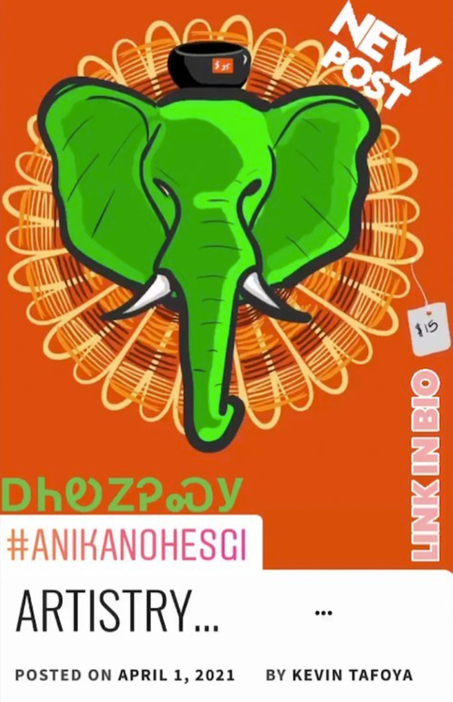 Green elephant with headphones on orange background, decorative circle, text, and a small white tag.