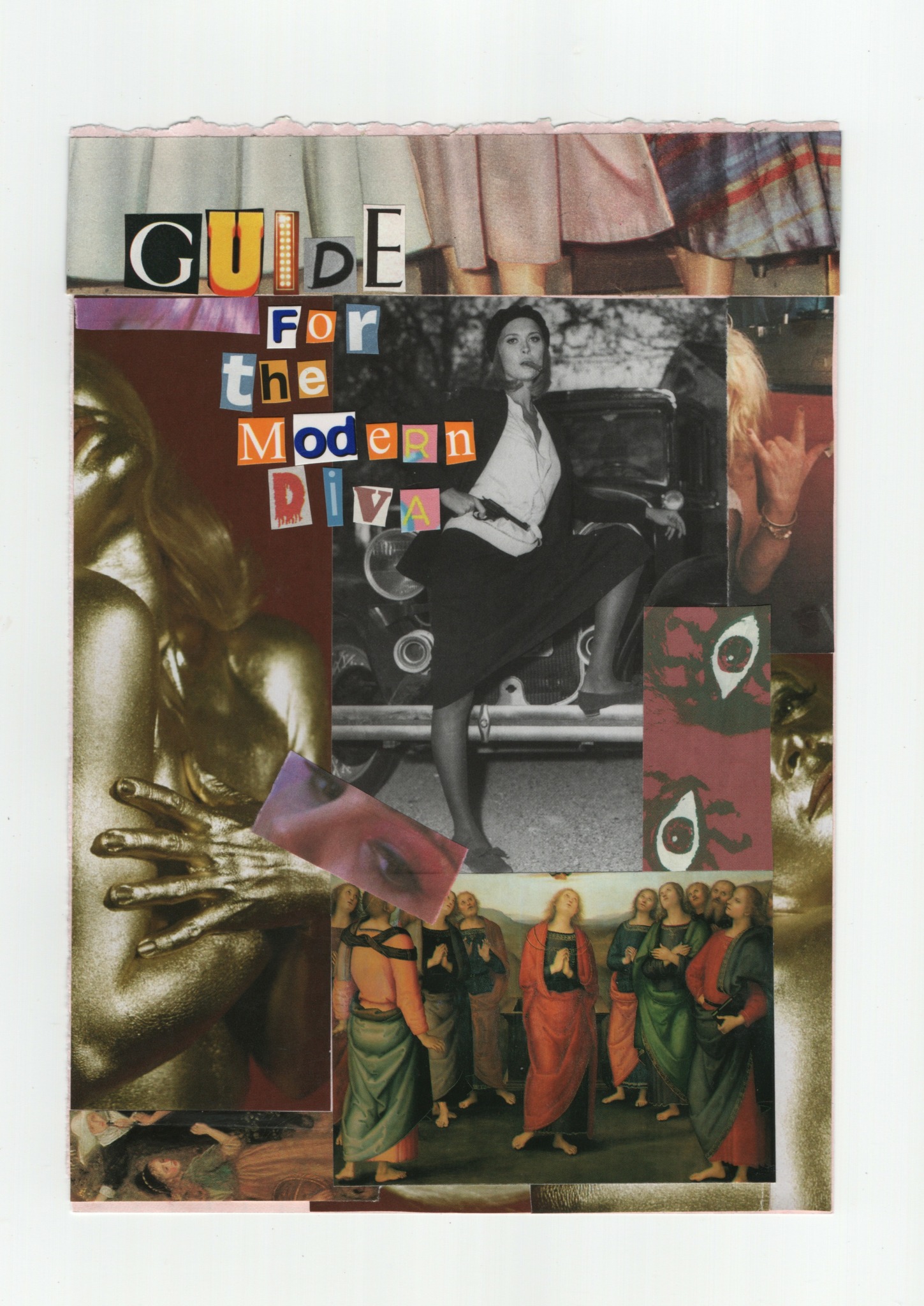 Collage of images including a woman sitting, a group of women in traditional clothing, and various artistic elements.