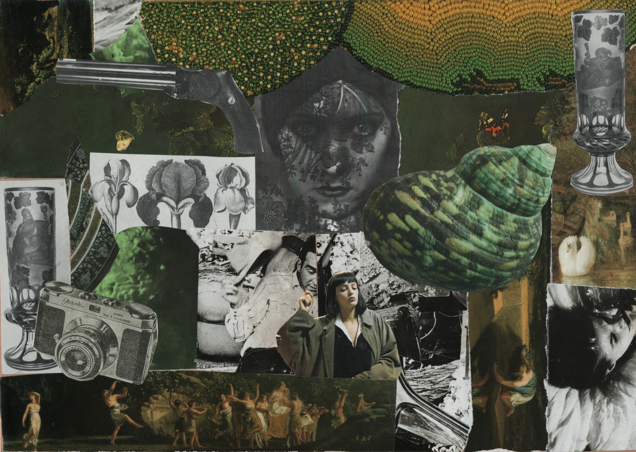 Collage of black and white photos, a face, watermelons, a camera, and various objects with a dark theme.