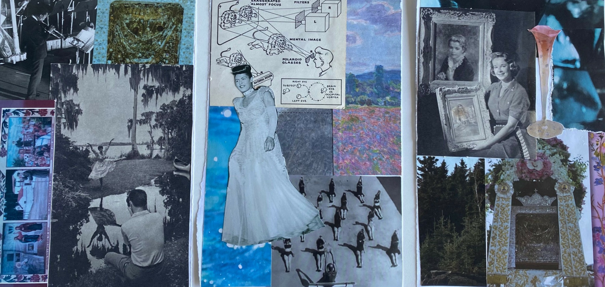 Collection of black and white and color photographs, drawings, and artwork featuring people, nature, and artistic scenes.