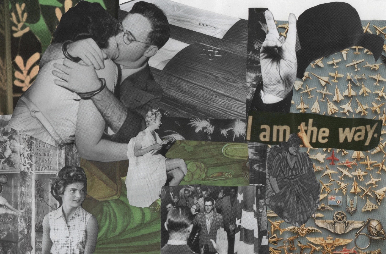 Collage of black and white photos showing people, including a couple kissing, a woman in a dress, and a group of people, with decorative elements and text.