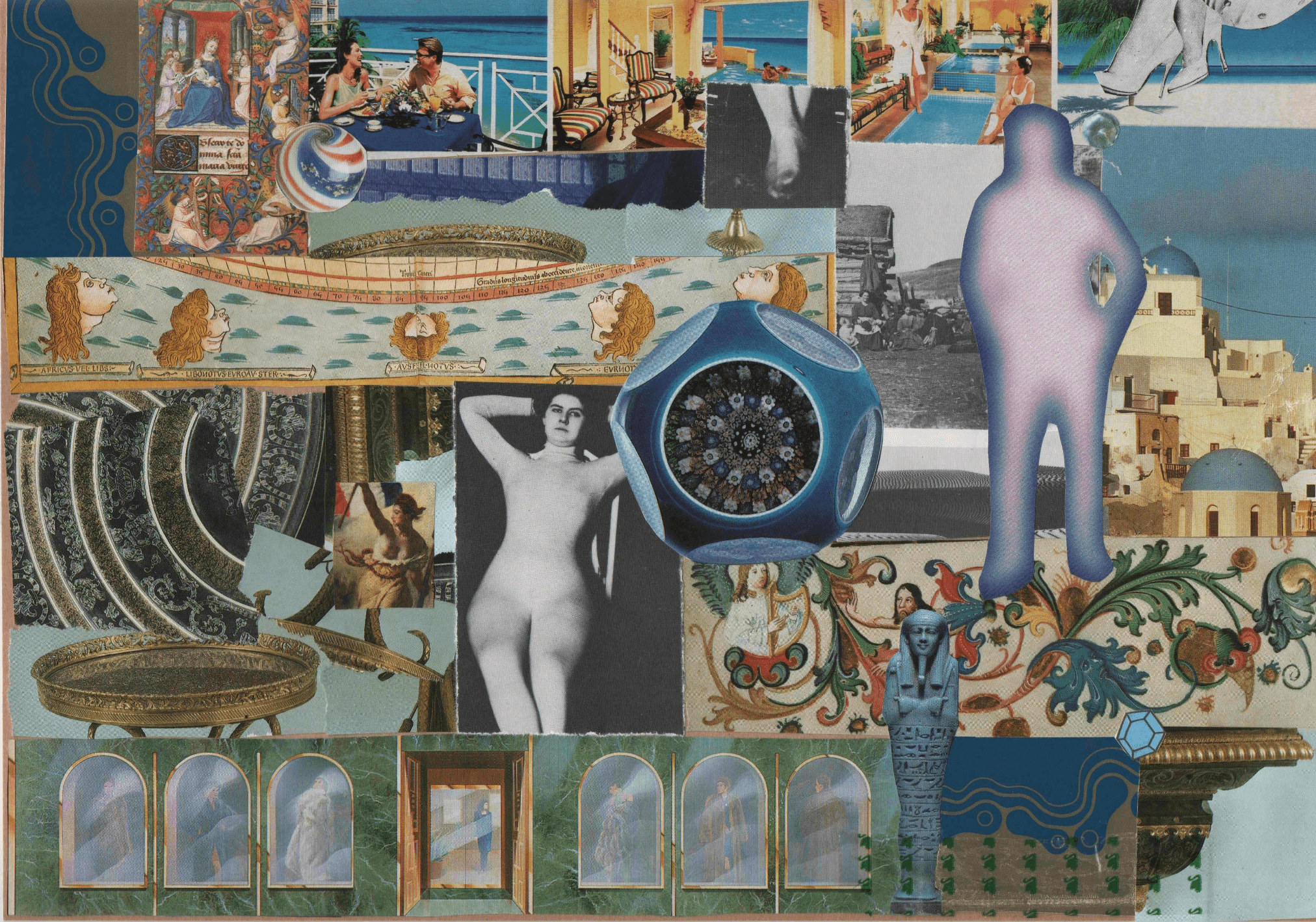 Collage of various images including a woman, a person, a circular object, and architectural elements, with colorful and diverse scenes.