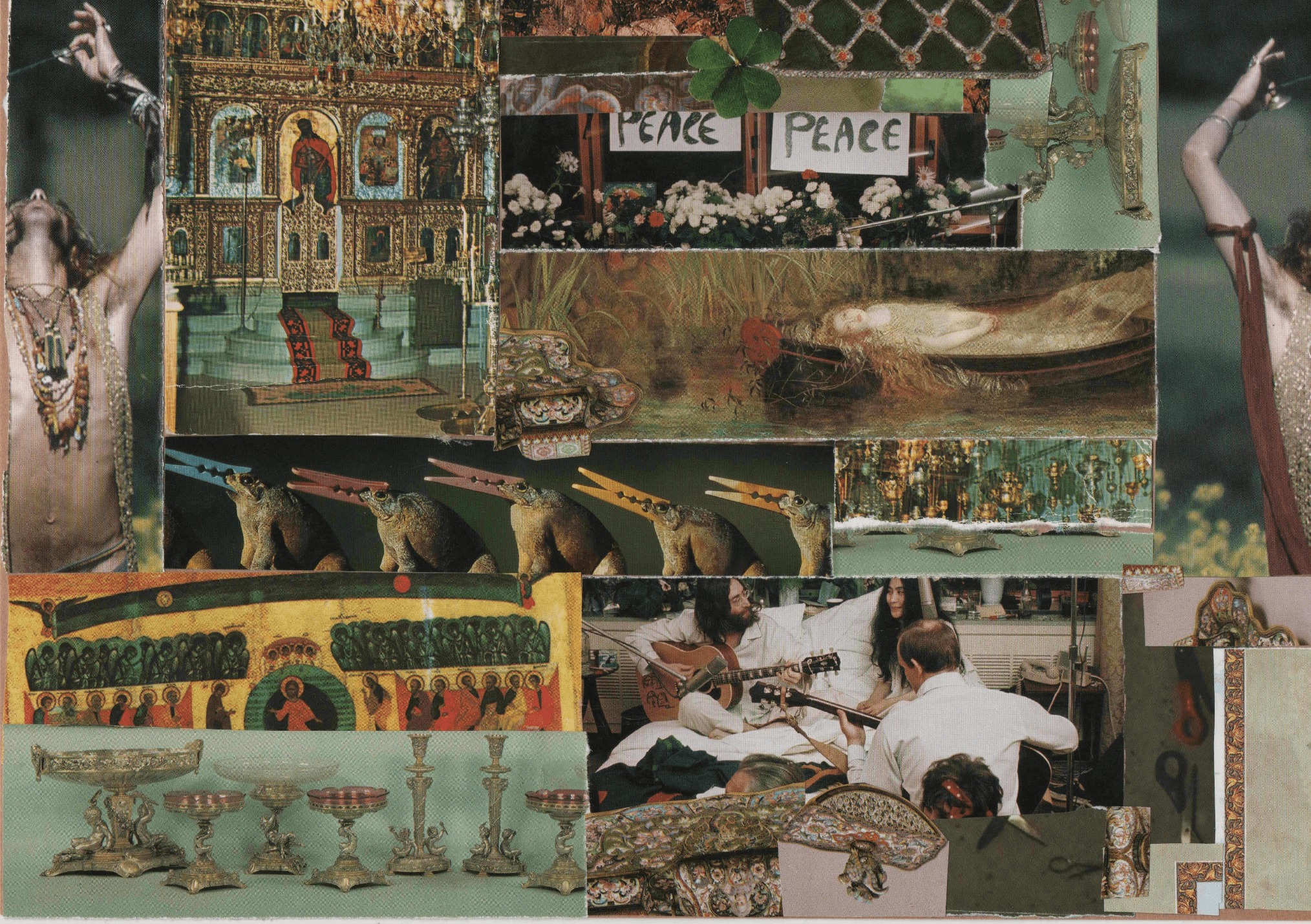 Collage of cultural and religious artifacts, people playing musical instruments, and decorative objects.