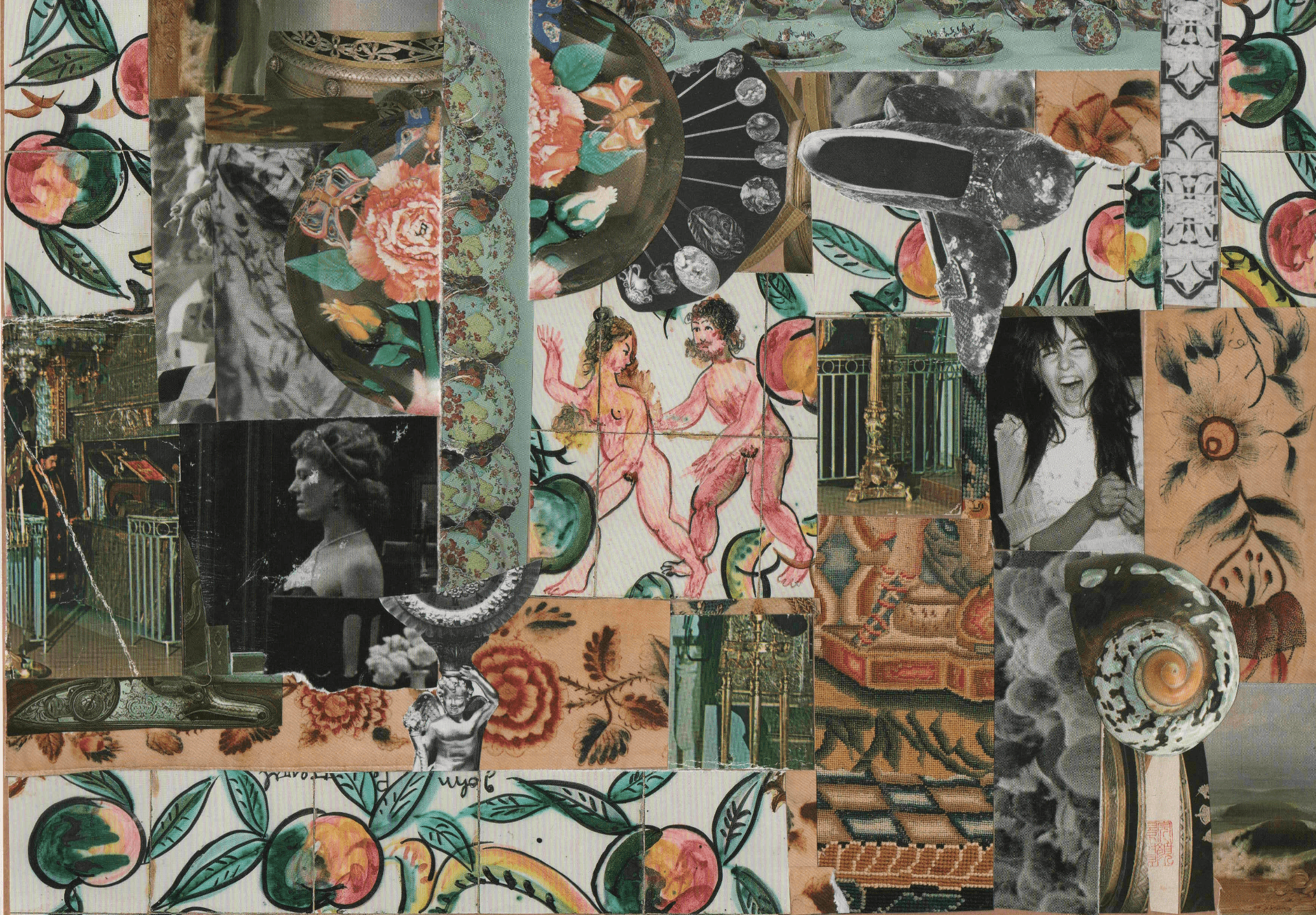 Collage of vintage images, flowers, and abstract patterns with a mix of colors and textures.