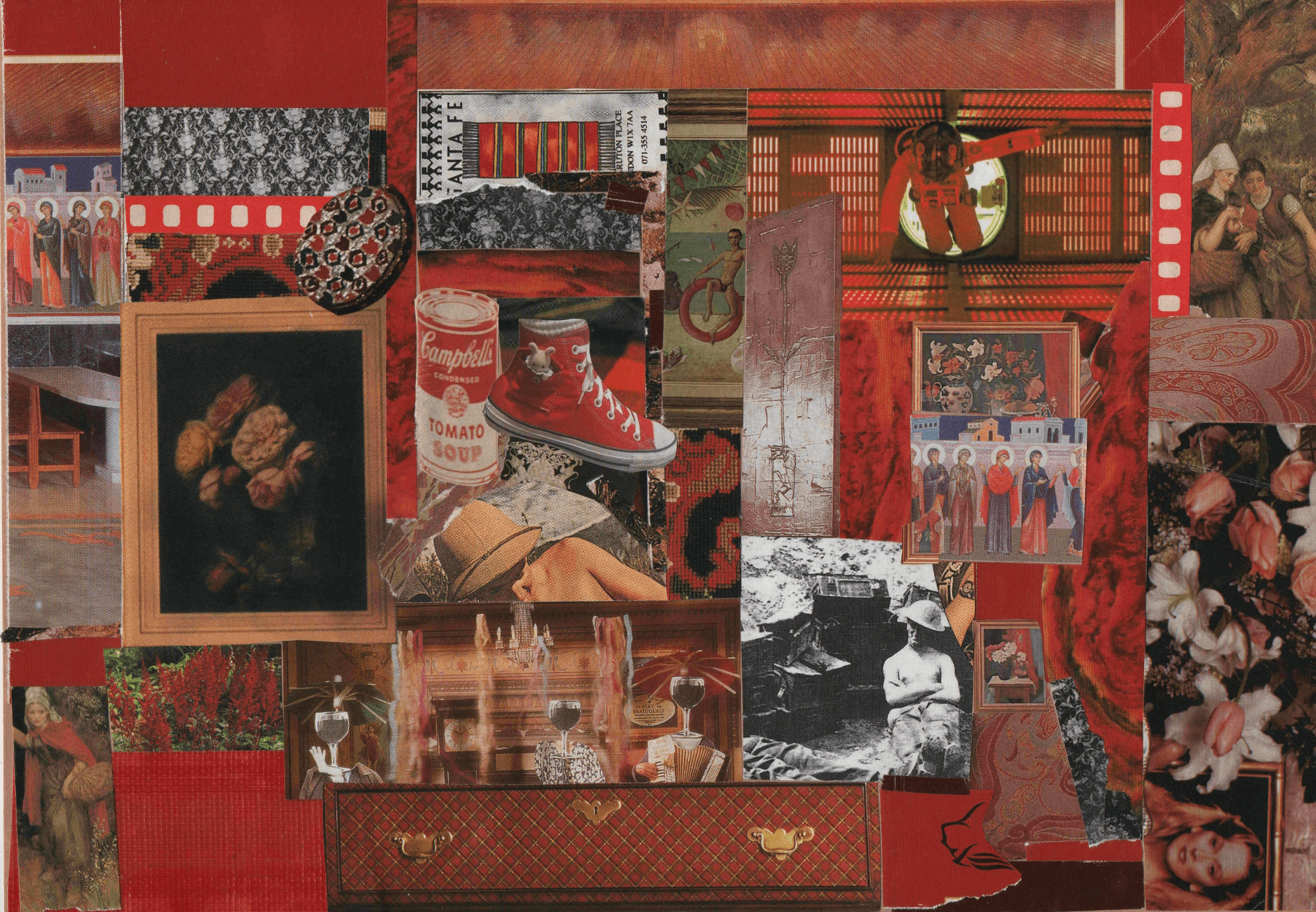 Collage of various objects including a framed picture, red shoes, a can, and patterned fabrics, arranged in a colorful patchwork.