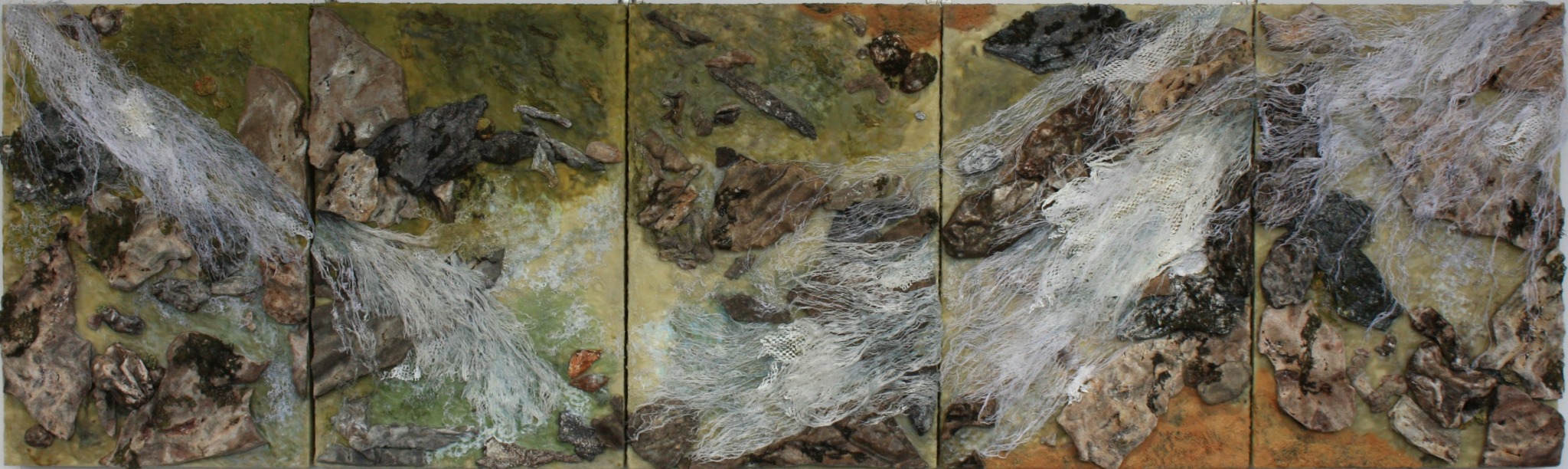 Four-panel landscape painting of a river flowing through rocky terrain with trees and mountains in the background.