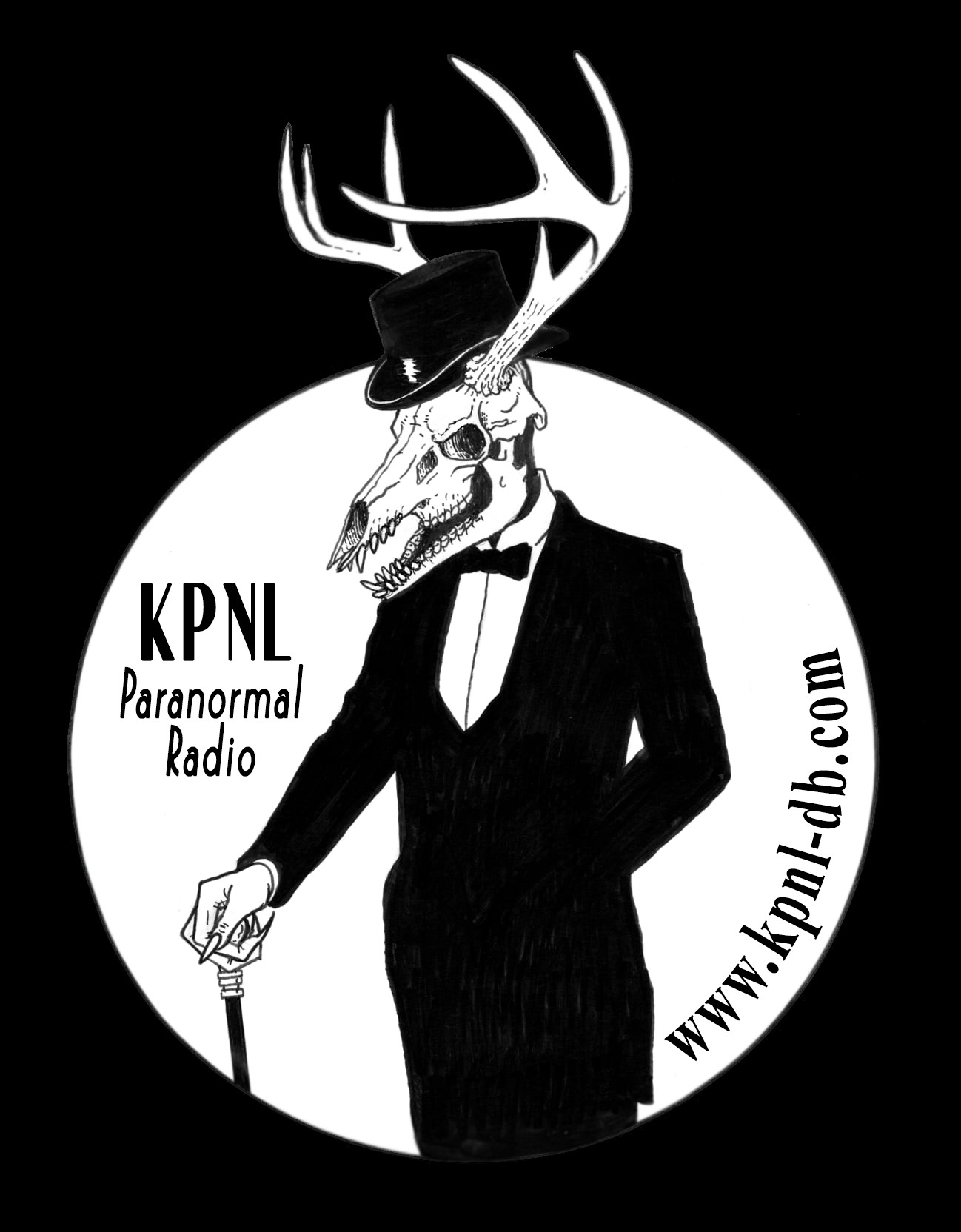 Skull with antlers wearing a suit and bow tie, holding a cane, with text about KPNL Paranormal Radio and website.
