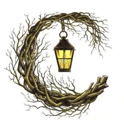 A lantern hanging from a twisted, leafless tree branch forming a circular shape, with a glowing yellow light inside the lantern.
