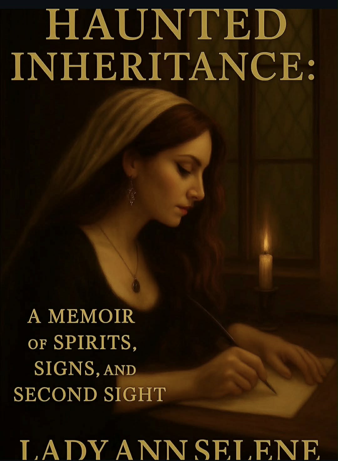 Book cover with a woman writing at a table, candlelight, and the title 'Haunted Inheritance' in gold text.