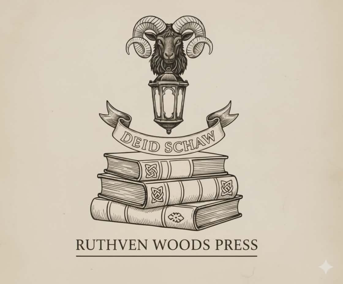 Illustration of a ram's head with a lantern, a banner with Latin text, and stacked books, with text below reading 'Ruthven Woods Press'.