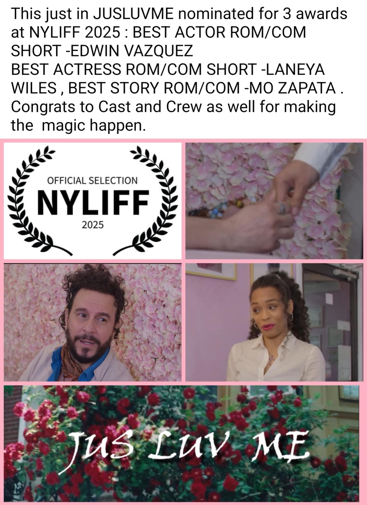 Collage of four images with text about nominations and awards, including a hand-holding, a man, a woman, and a floral background with 'Just Luv ME'.