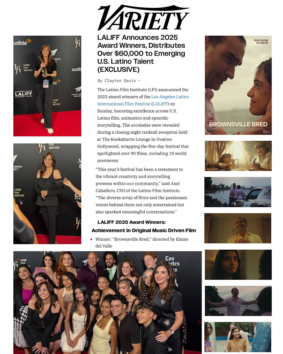 Variety magazine cover and a group of people at an event, with text about awards and achievements, and a woman in a black dress.