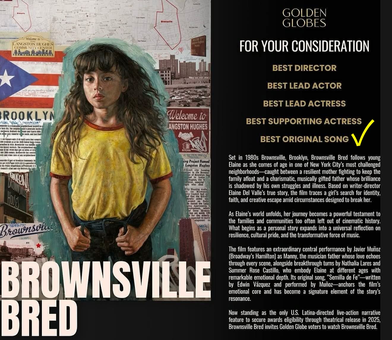 Young woman with curly hair wearing a yellow shirt and black pants standing in front of a wall with posters and a map.