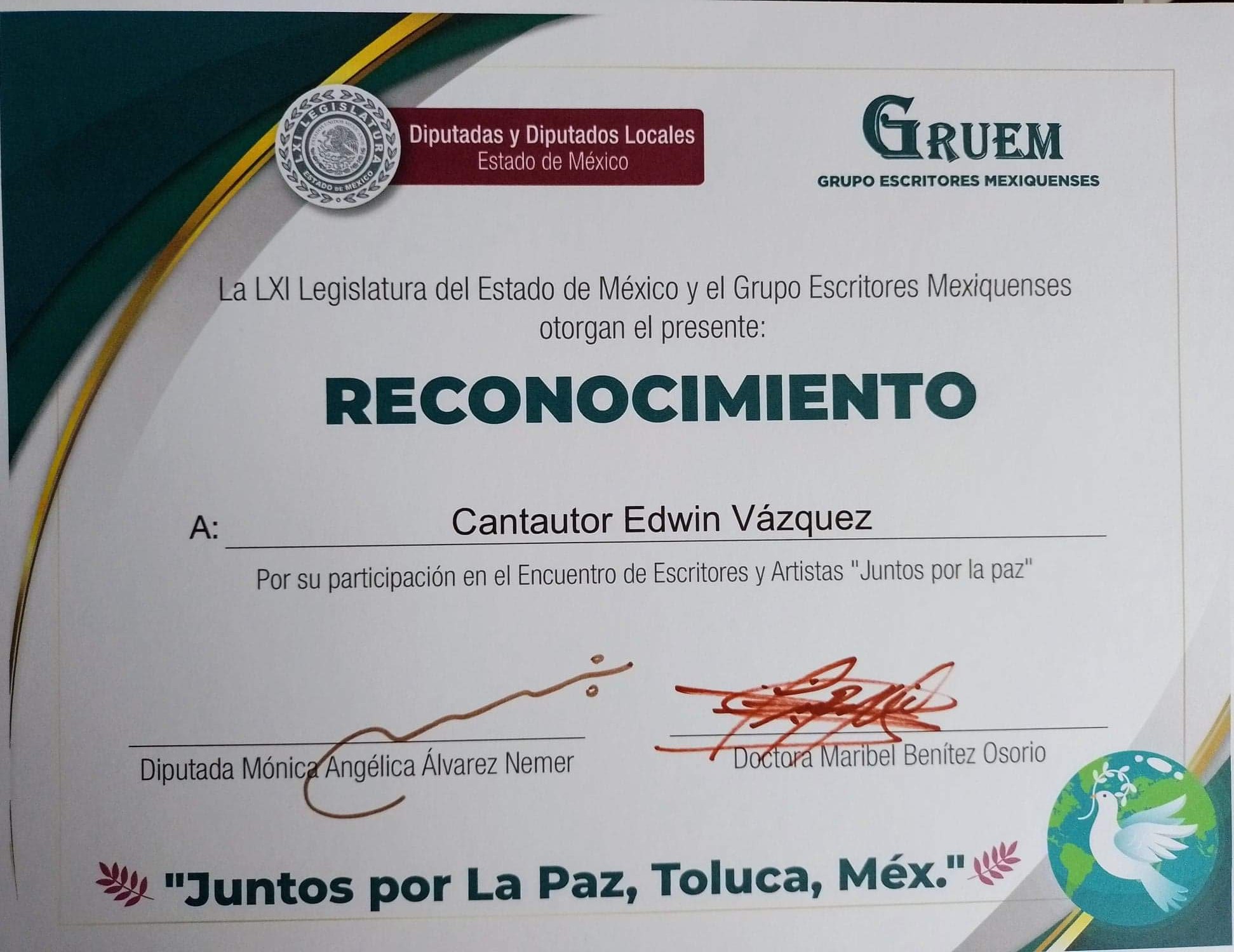 Recognition certificate awarded to singer Edwin Vázquez, signed by officials, with logos and text in Spanish, celebrating peace in Mexico.