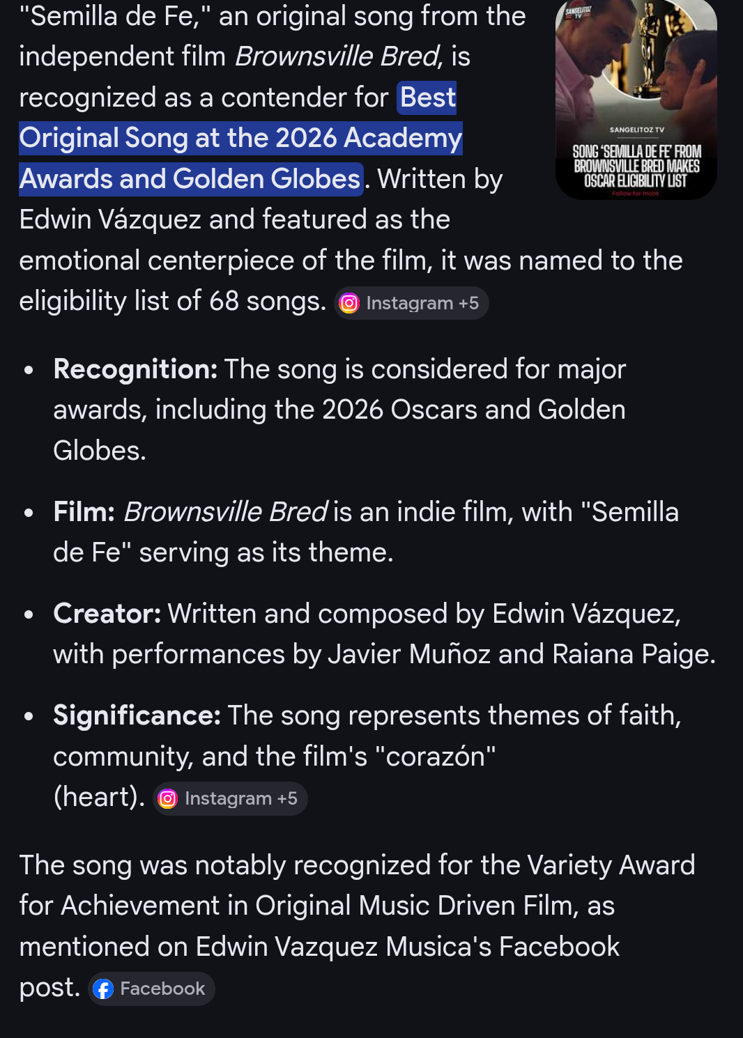 Text about the film 'Brownsville Bred,' its recognition, awards, creator, and themes, with social media references.