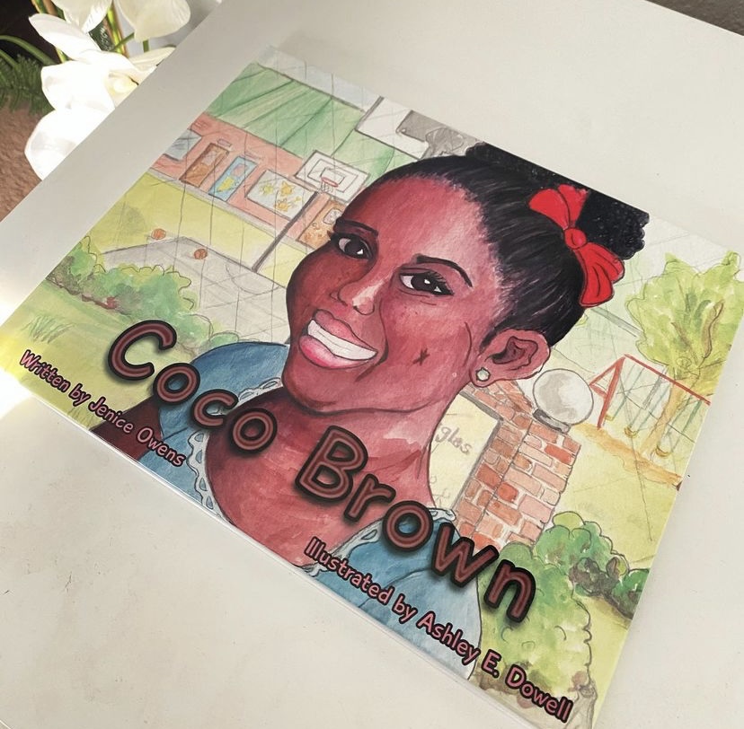 Colorful illustrated book cover featuring a smiling woman with a red bow in her hair, set against a playground background.