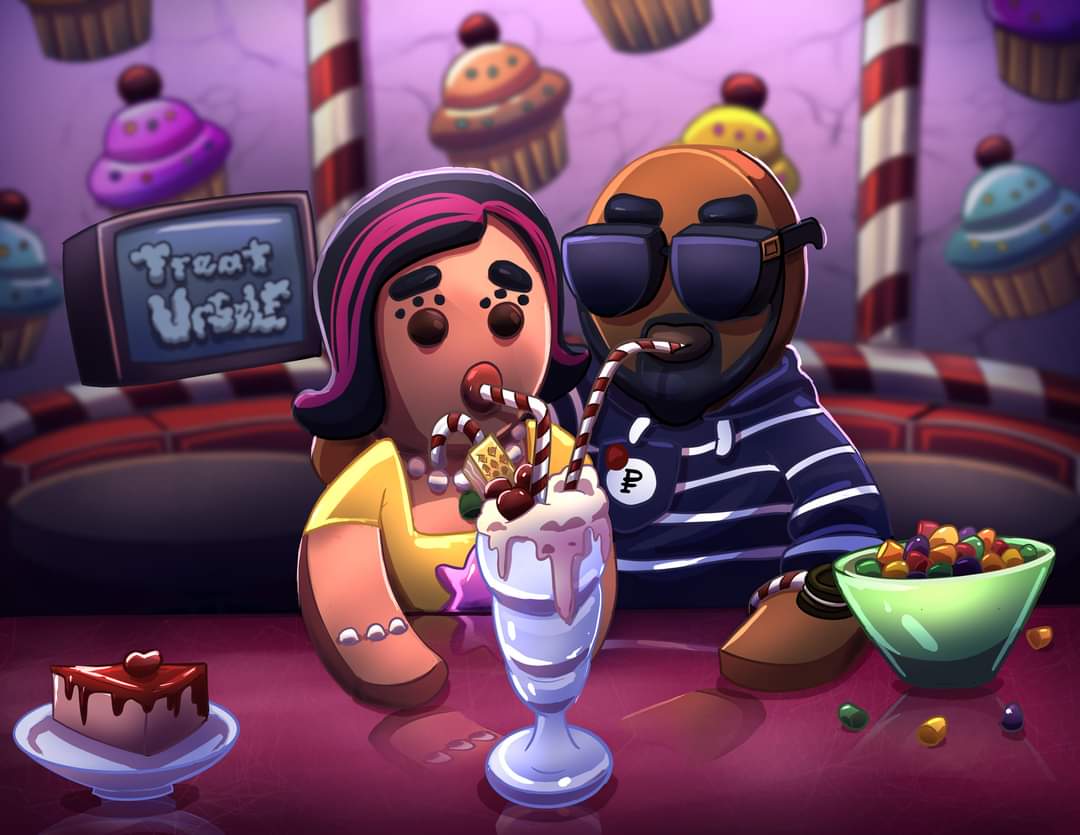 Two animated characters celebrate with a large ice cream sundae, surrounded by cupcakes and candy, in a colorful setting.