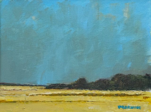 Landscape painting with a blue sky, distant trees, and a yellow field, in a horizontal composition.