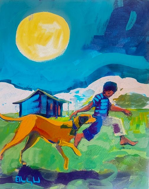 Child running with a dog outdoors under a large yellow moon, colorful landscape with a house and hills, bright sky.