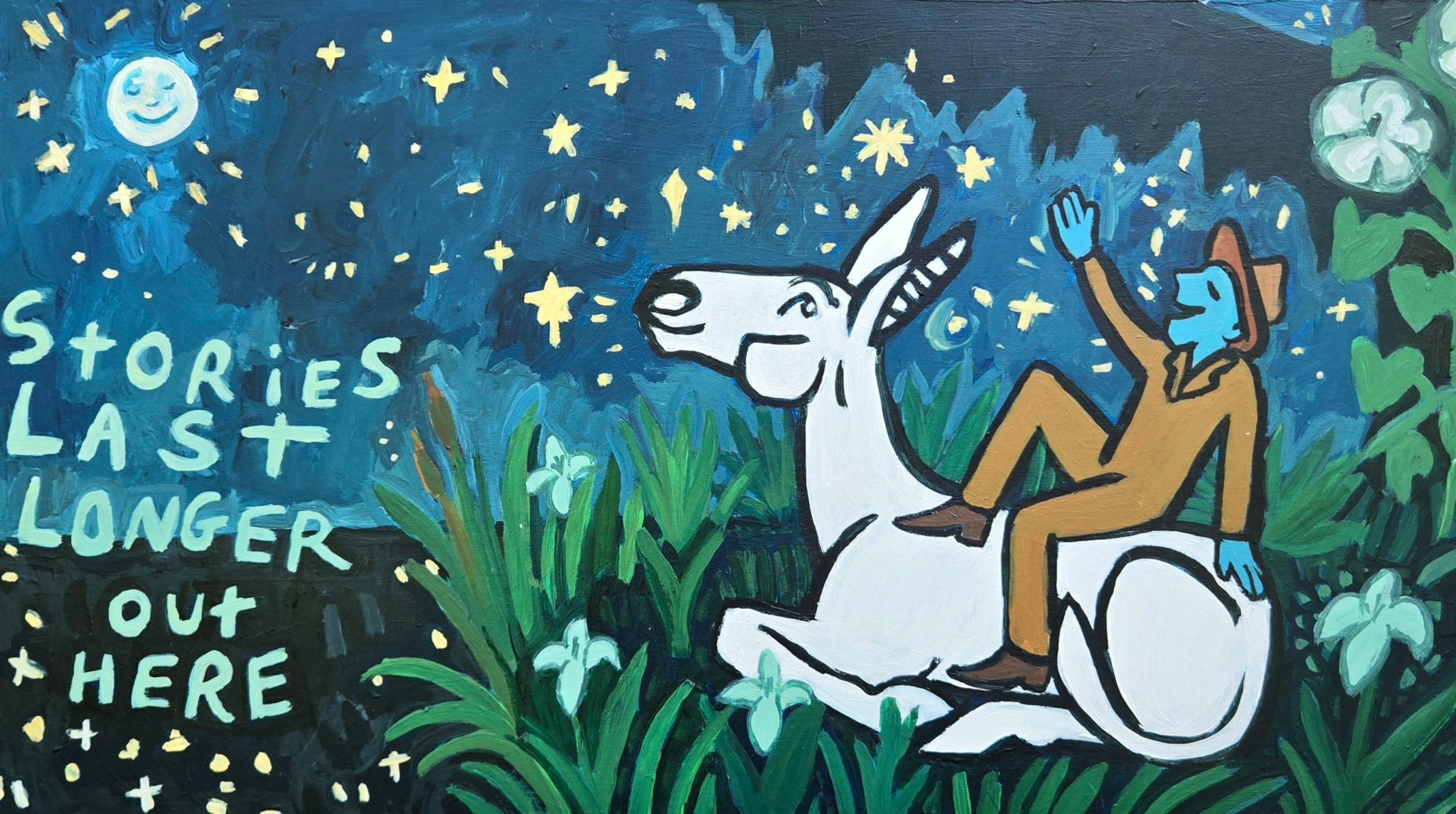 Person with blue hair riding a white unicorn in a starry night sky with plants, moon, and stars, and the text 'Stories last longer out here'.