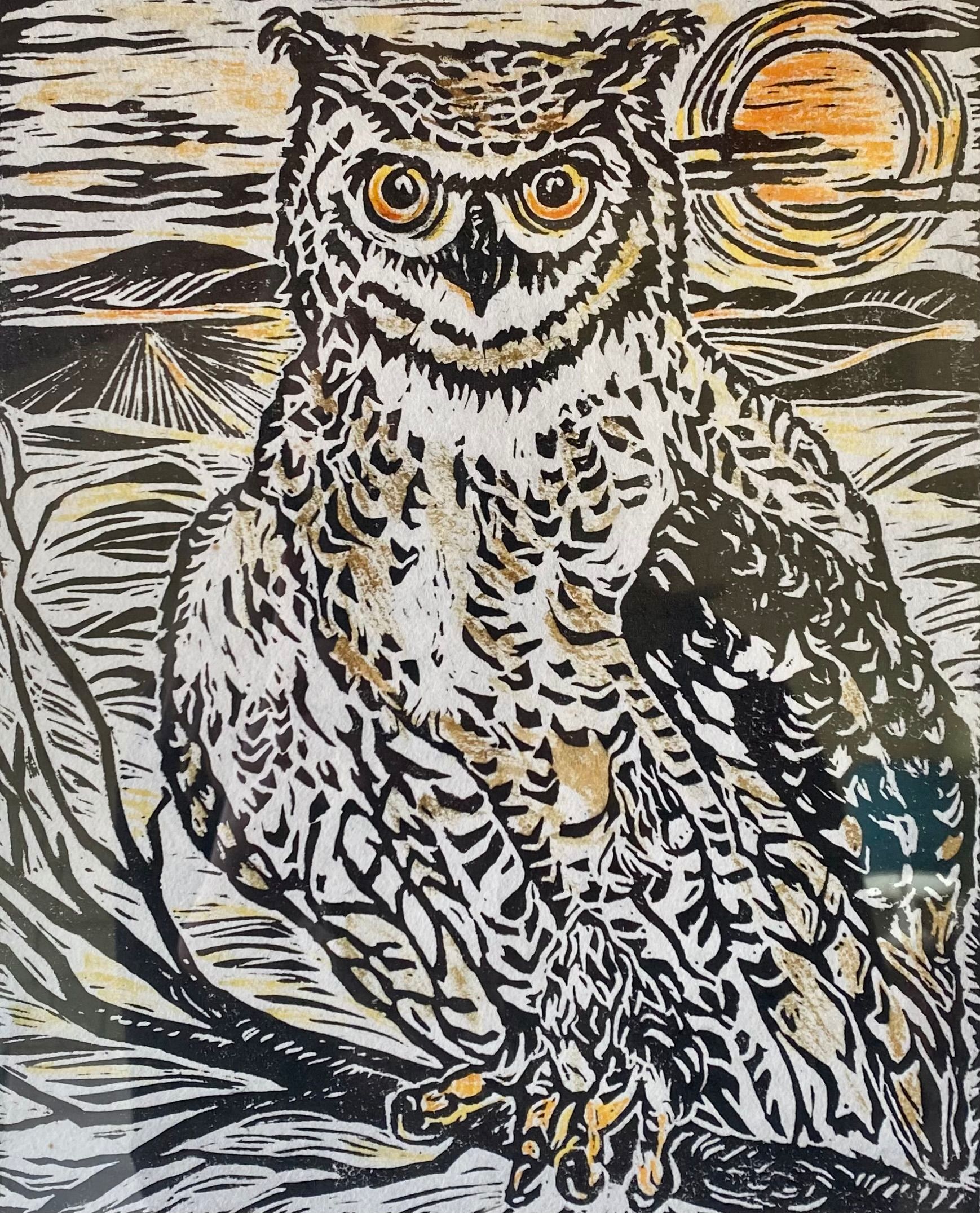 An owl with detailed feathers perched on a branch, with a sunset and landscape in the background.