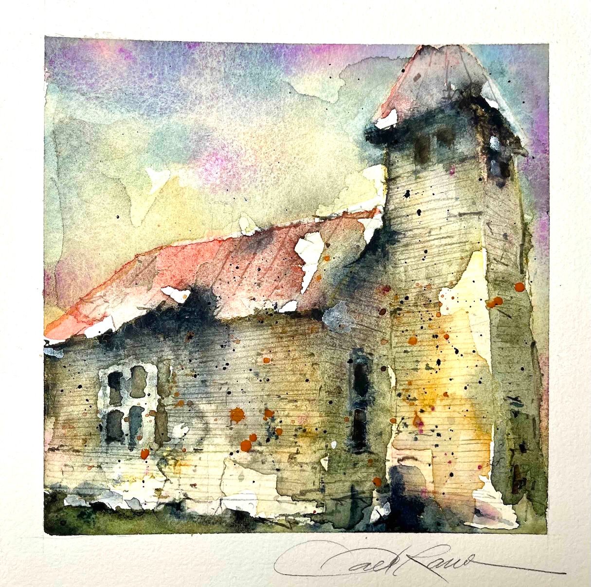 Watercolor painting of an old stone building with a tower, sky in pastel colors, signature at bottom, 20 words.