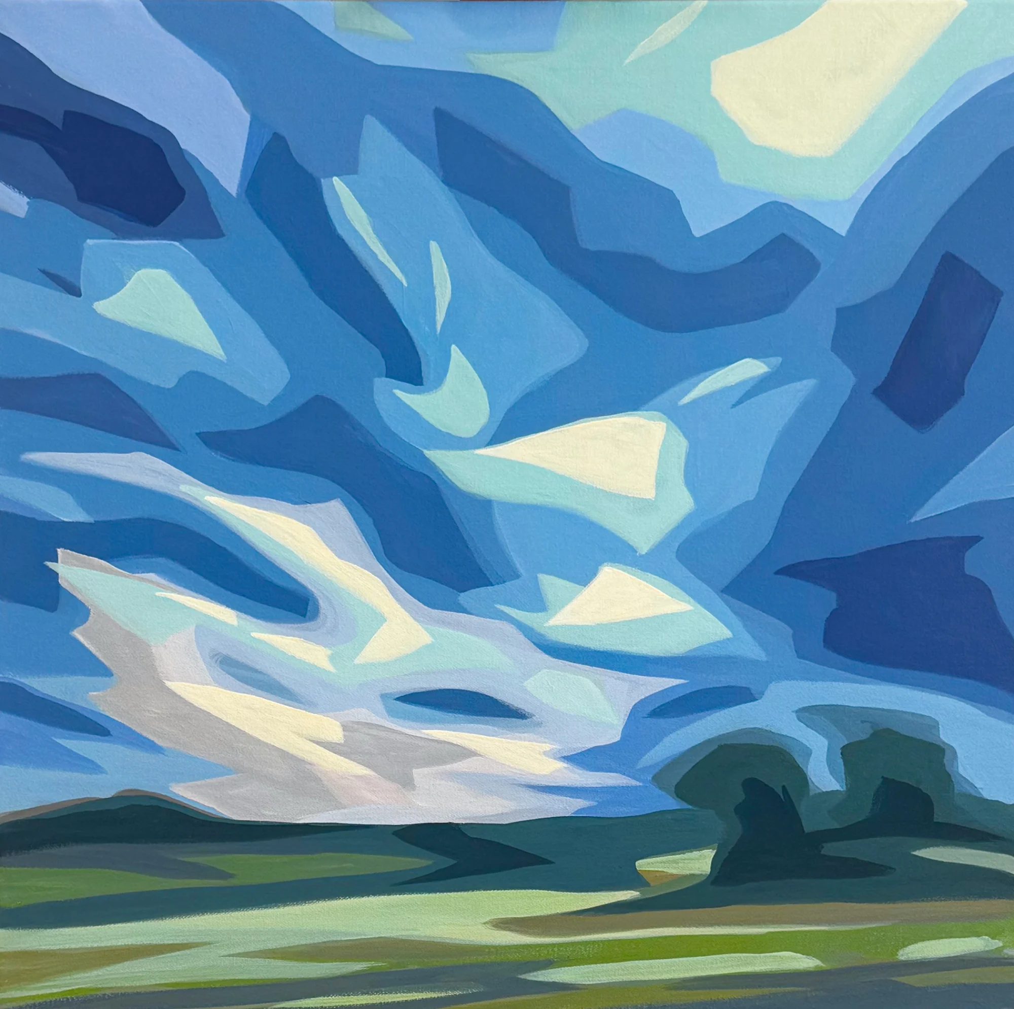 Abstract landscape with a sky filled with blue and white clouds, and a green field with trees.