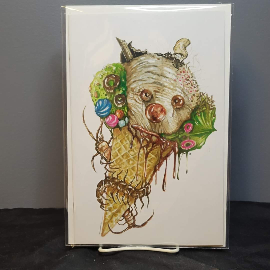 Illustration of a bear's head with colorful balloons and greenery, attached to a cone-shaped body, on a white background.