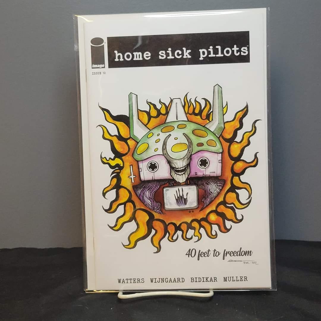 Book cover titled 'home sick pilots' with a colorful, cartoonish creature with horns and flames, and text '40 feet to freedom'.