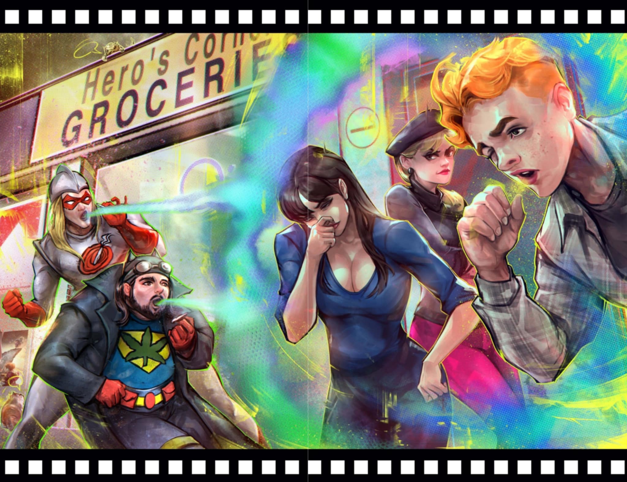 Group of people with colorful background, some covering eyes, others looking surprised or concerned, in front of a grocery store sign.