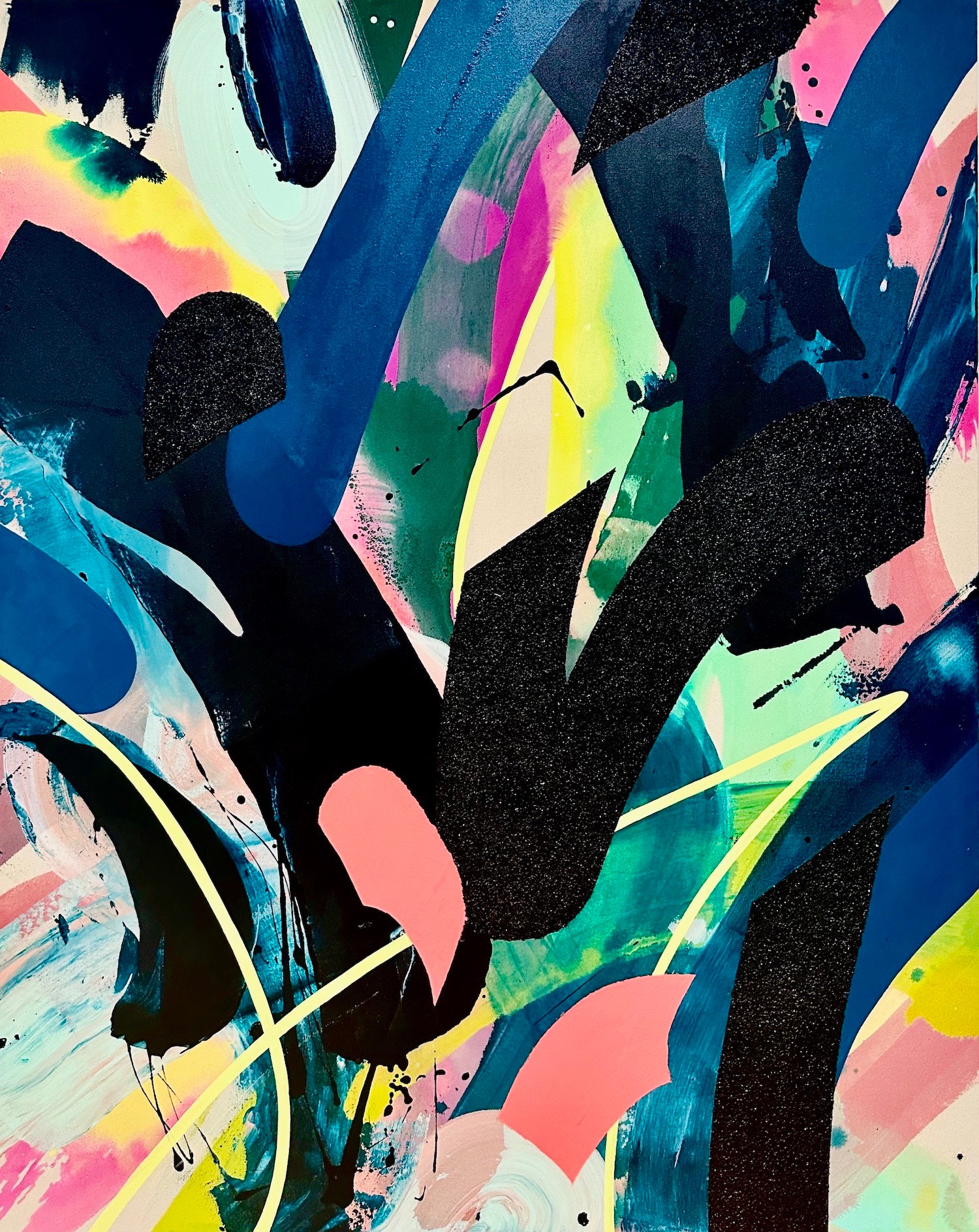 Abstract painting with vibrant colors, bold black strokes, and splashes of pink, blue, yellow, and green.
