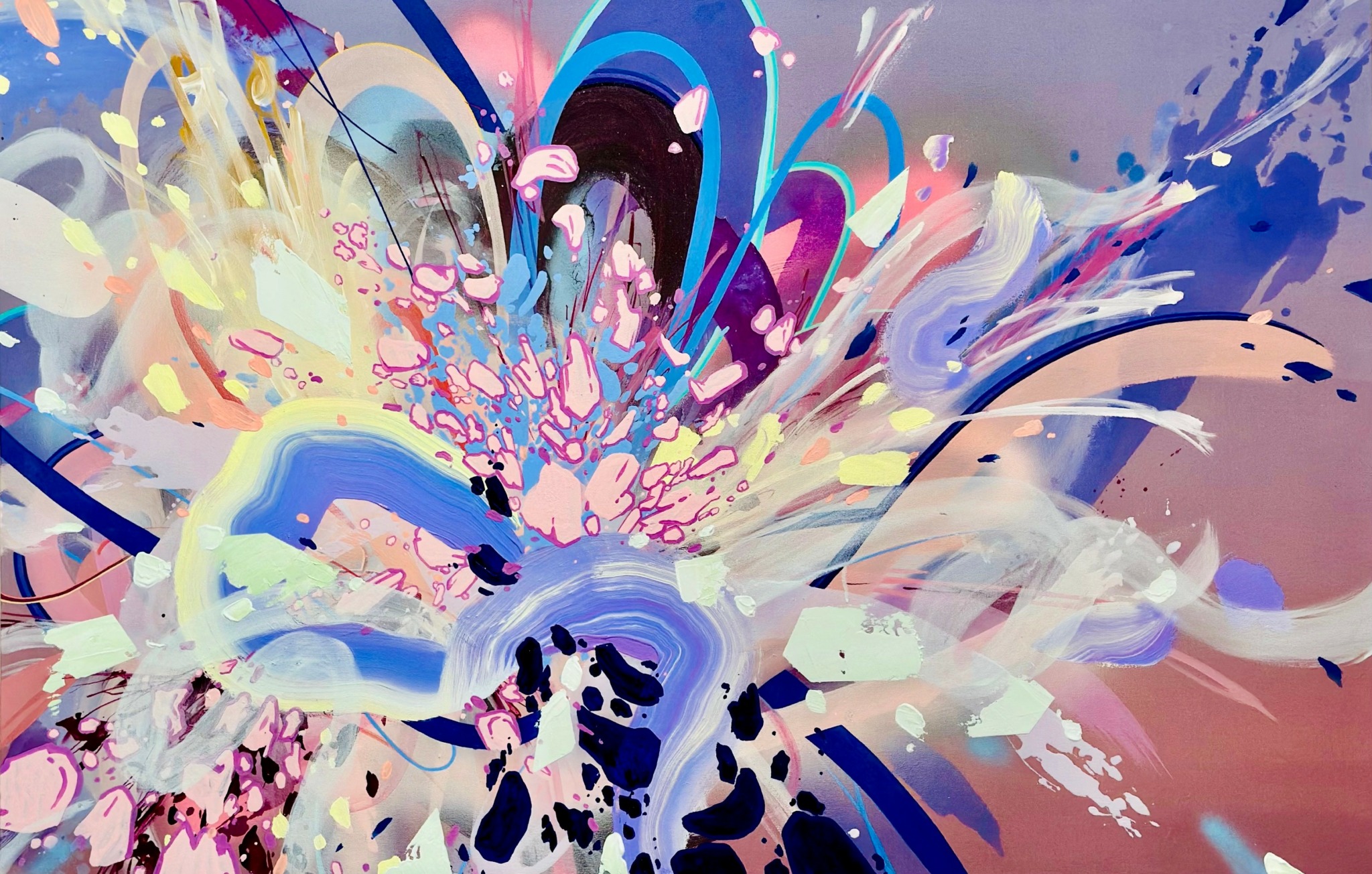 Abstract explosion of colorful paint splashes with various shapes and streaks, predominantly in blue, pink, yellow, and white.