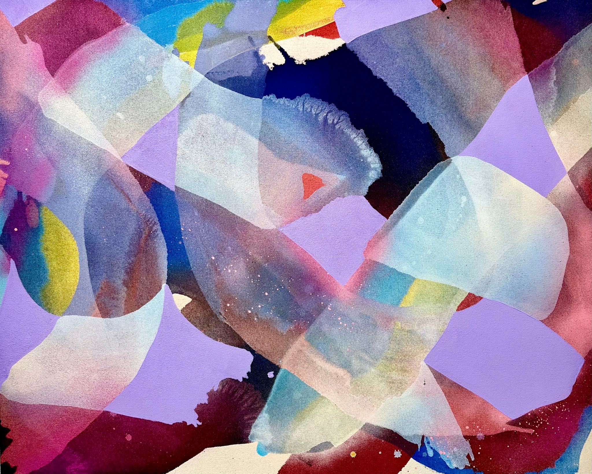 Abstract watercolor painting with colorful overlapping shapes and soft blending colors.
