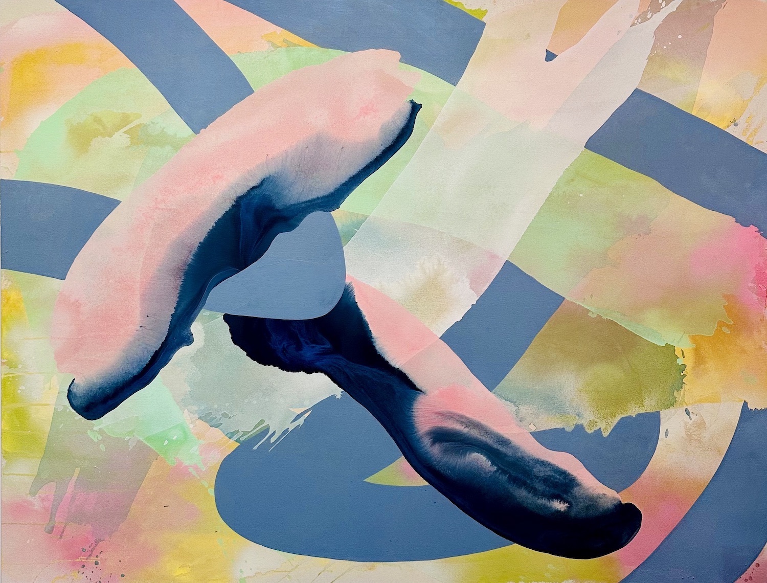 Abstract watercolor painting with curved shapes and pastel colors, including pink, blue, green, and yellow.