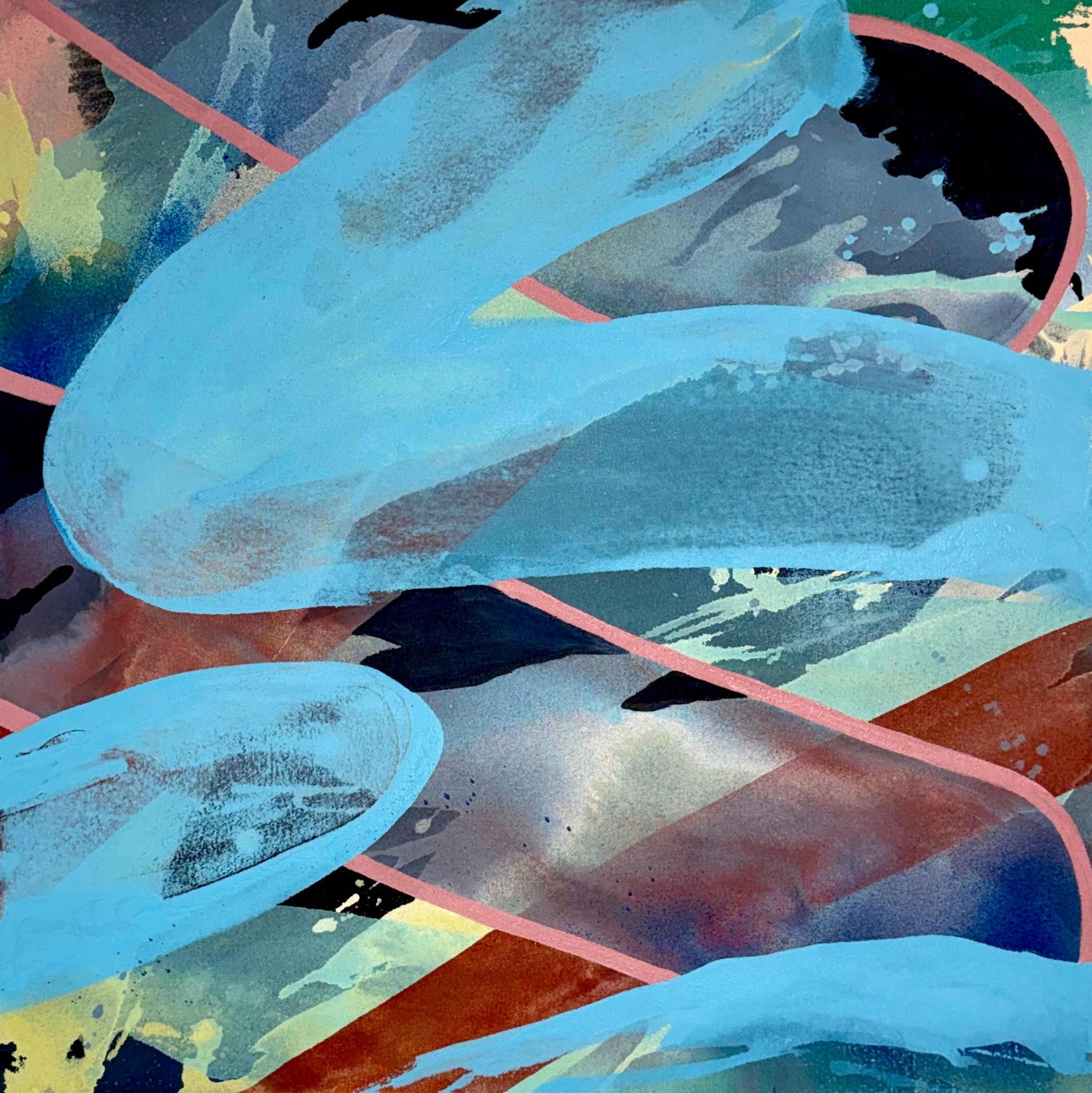Abstract painting with blue, green, brown, and black brushstrokes and curved lines, creating a dynamic composition.