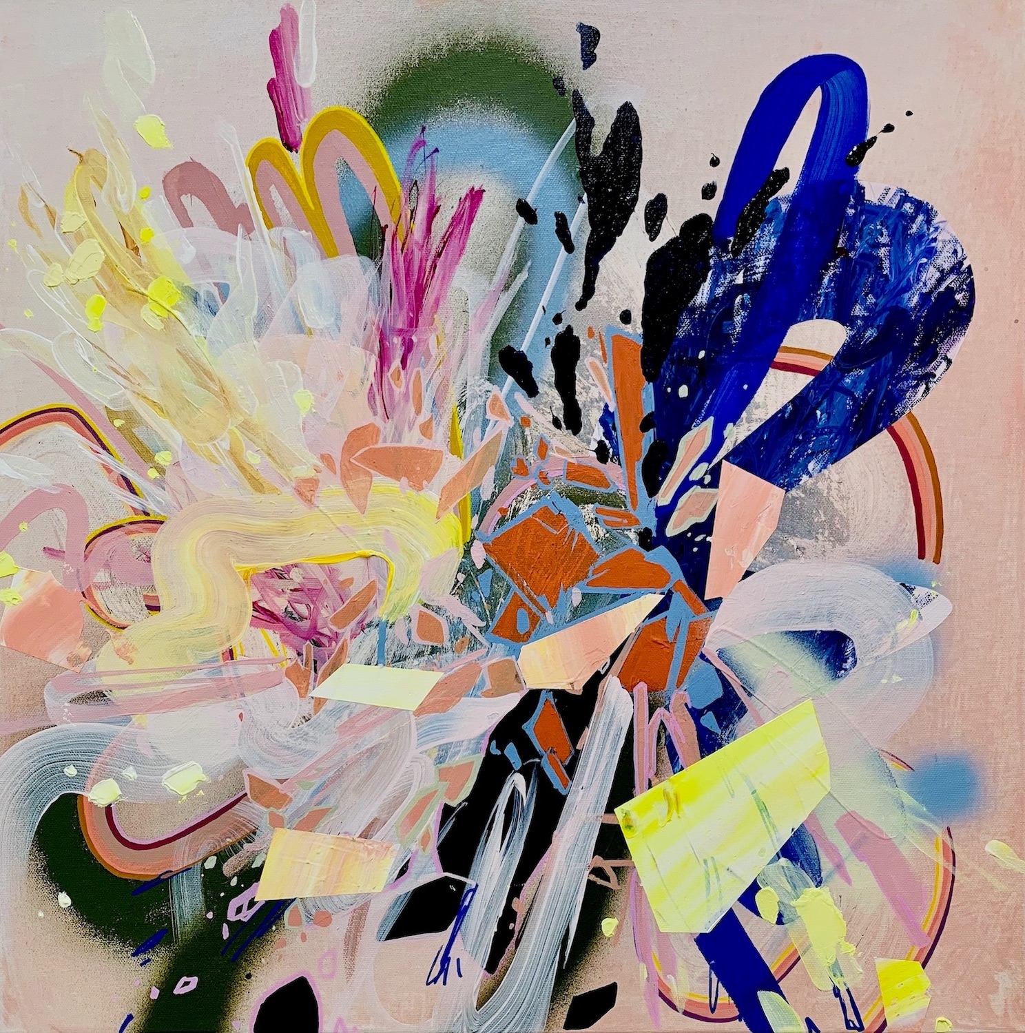 Abstract colorful splashes and shapes on a light background, with various colors including yellow, pink, blue, black, and orange.