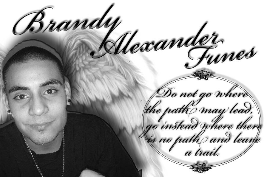 Young man with angel wings, text with name and quote, black and white, decorative elements, oval frame, cursive font.